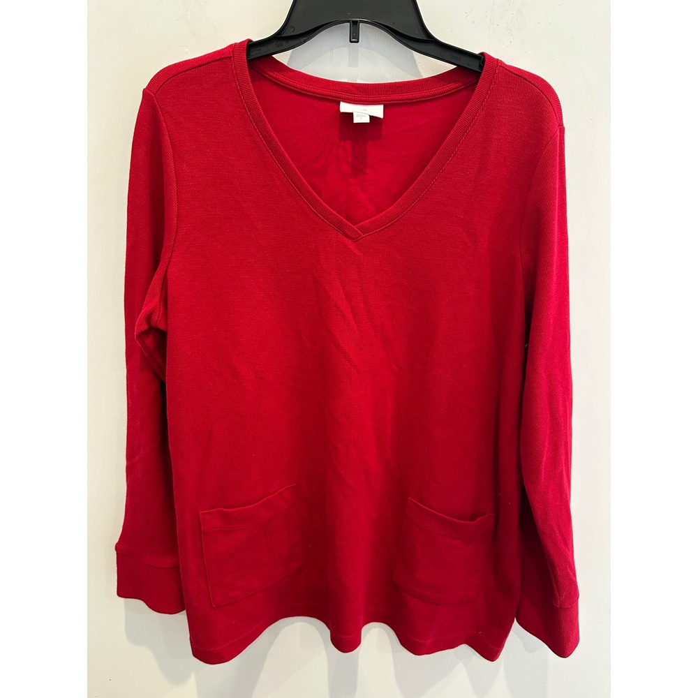 J. Jill Womens Red Ribbed Knit V-Neck Long Sleeve Patch Pocket Top Large